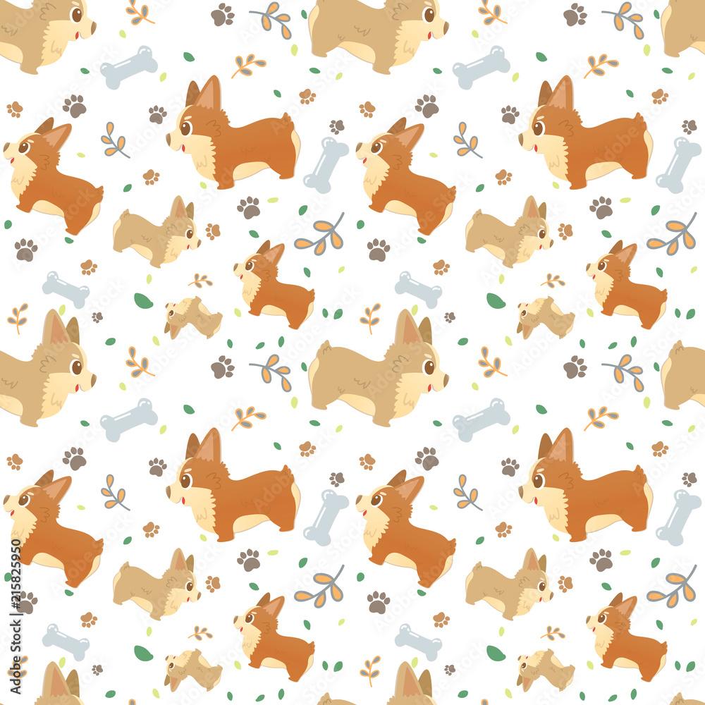 1000x1000 Vector seamless pattern with cute cartoon dog breed corgi with paws, leaves and bones. It can be print and used as wallpaper, packaging, wrapping paper, fabric and etc.Cartoon doodle style. Stock Vector