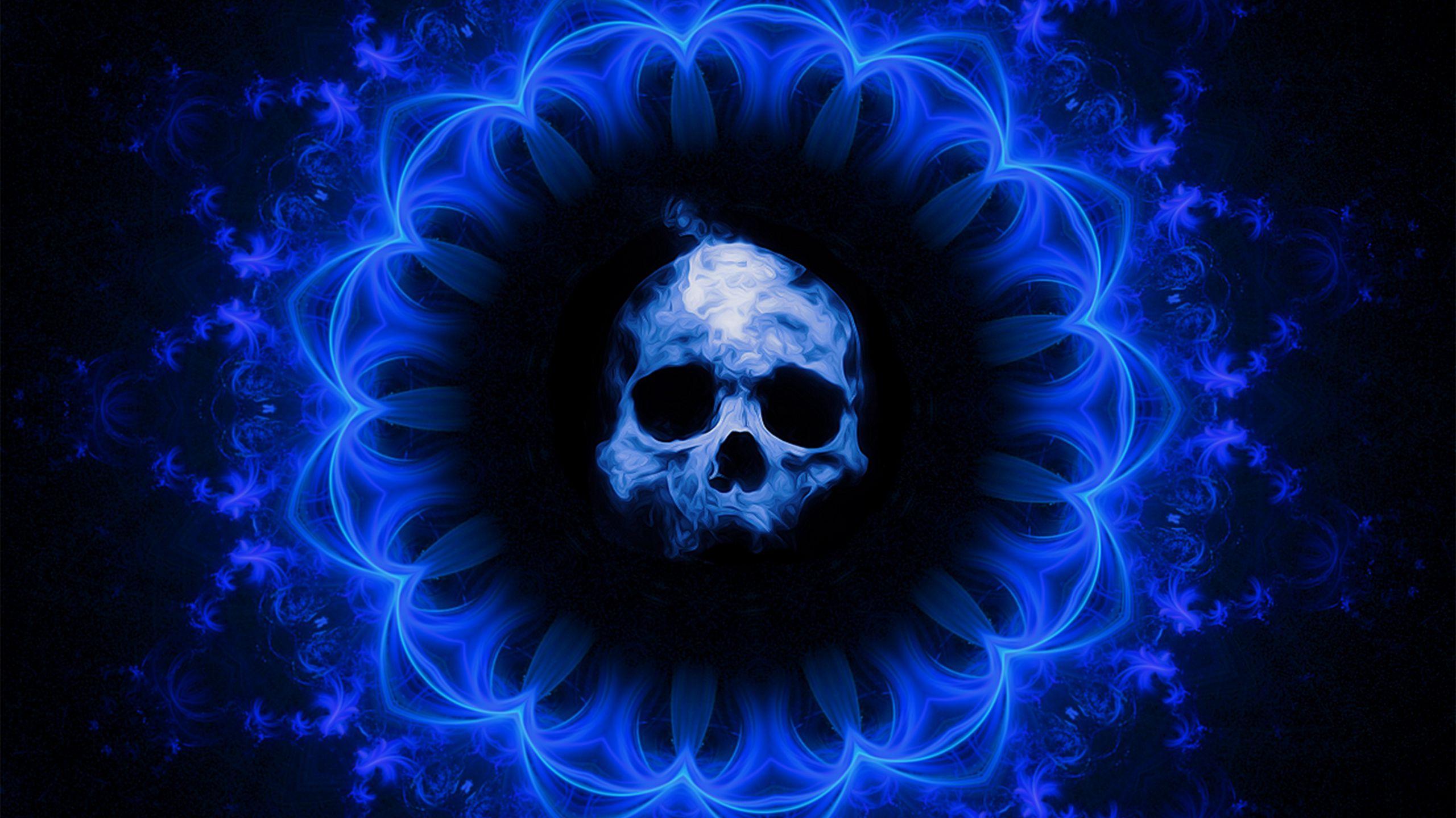 2560x1440 Download wallpaper 2560x1440 skull, gothic, patterns, blue, dark background widescreen 16:9 HD background