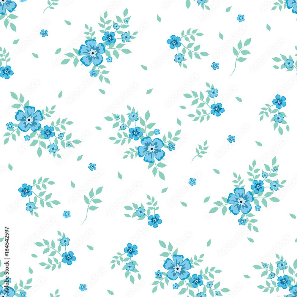 1000x1000 Seamless floral pattern. Background in small blue flowers on a white background for textiles, fabrics, cotton fabric, covers, wallpaper, print, gift wrapping, postcard, scrapbooking. Stock Vector