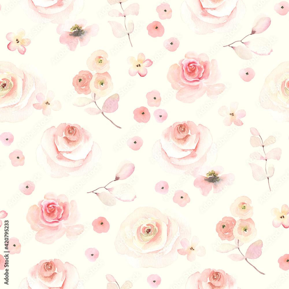 1000x1000 Delicate floral pattern with roses and abstract small flowers on beige background. Watercolor seamless illustration for textile, wallpaper or wrapping paper. Stock Illustration