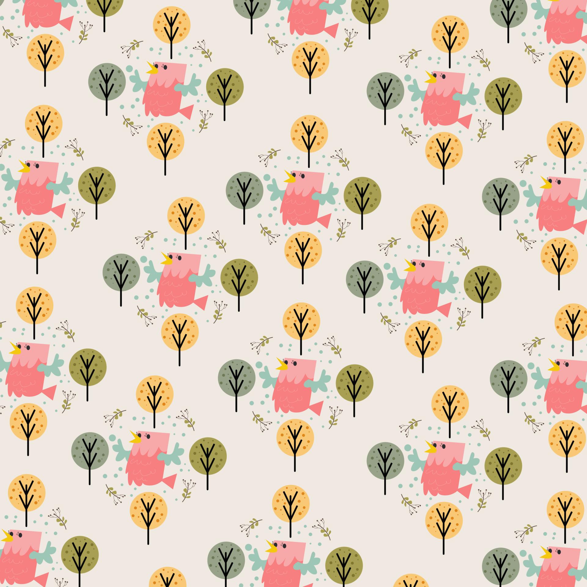 1920x1920 Cute big bird pattern background with small trees around. Perfect for wallpaper, web page background, surface textures, textiles