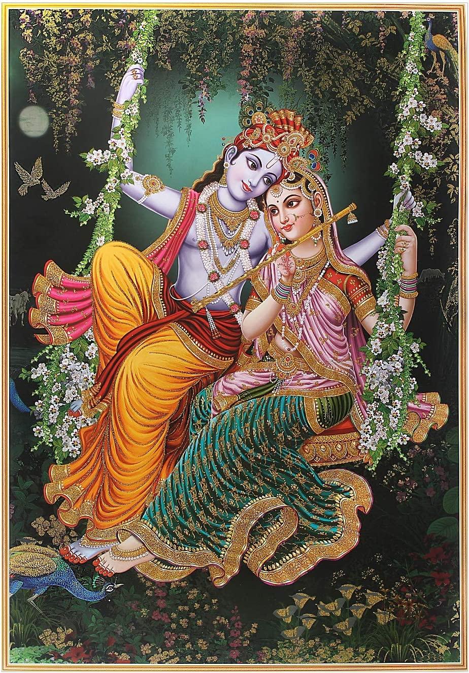 924x1325 Vintage Golden Zari Art Work Photo Of Radha Krishna On Swing Poster Big Without Frame ( 25 X 36 Inches) Religious Decor: Posters & Prints
