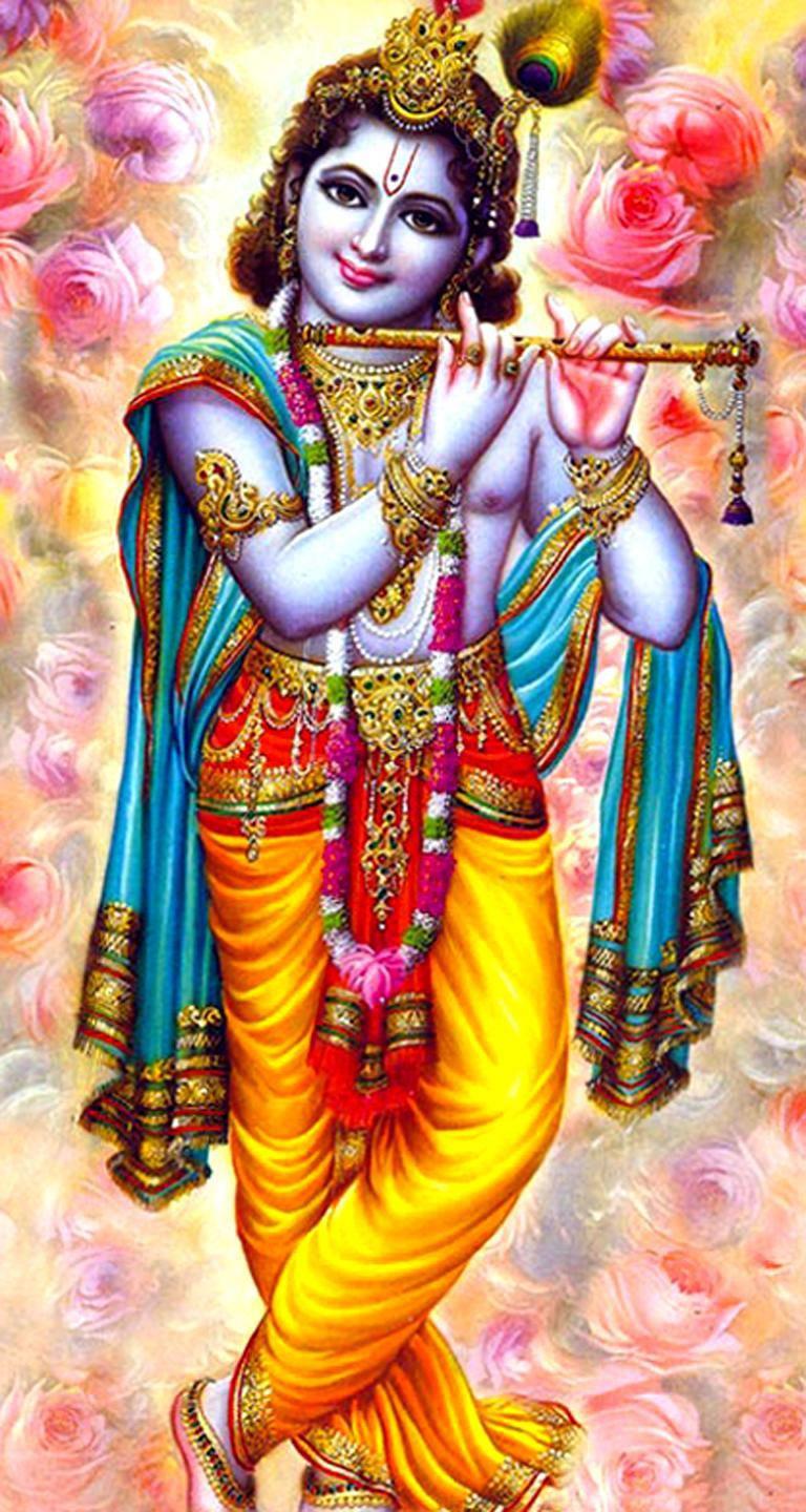 768x1440 Download Lord Krishna With Flowers Wallpaper