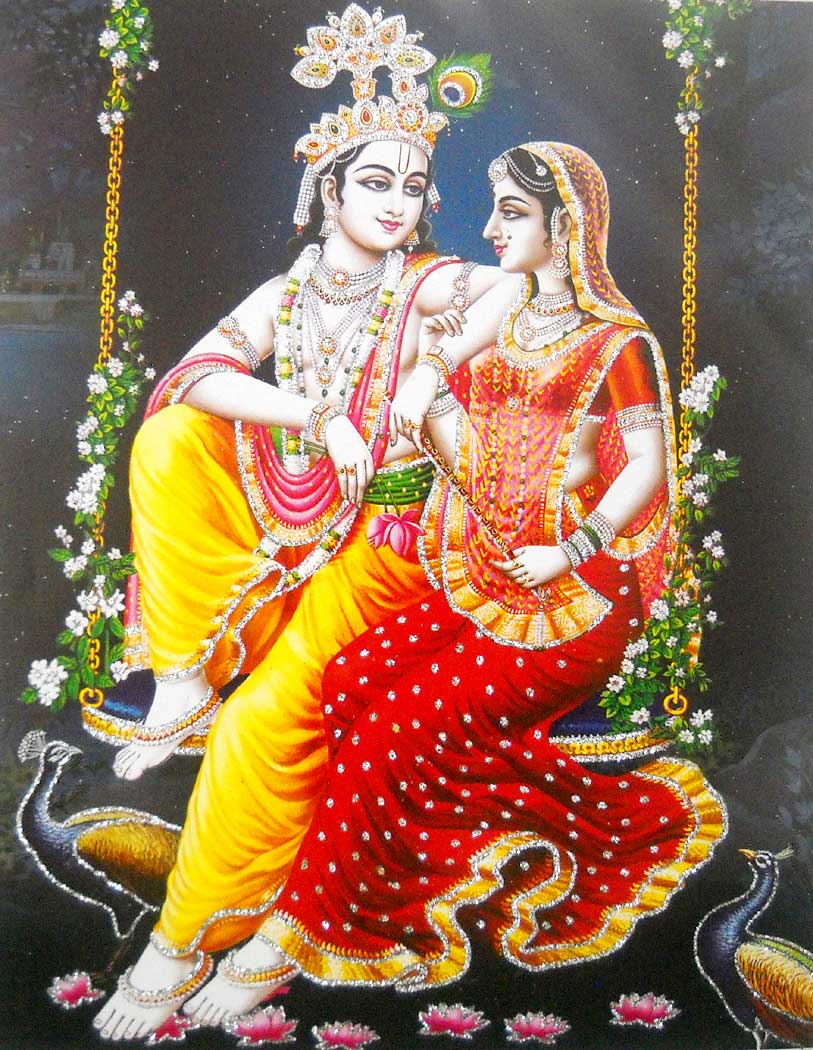 813x1050 Radha Krishna On Swing poster/ Hindu God Poster with Glitter -reprint