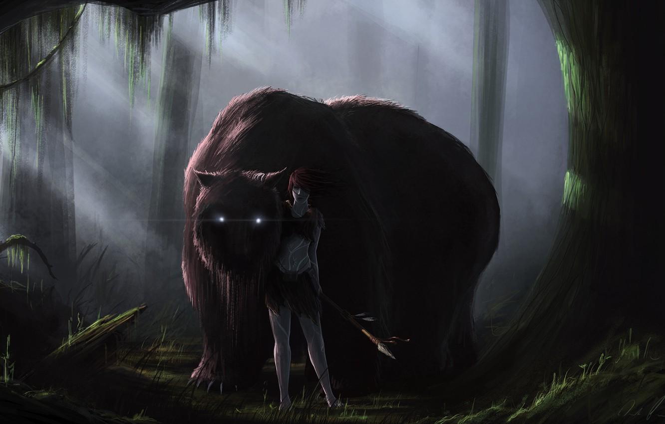 1332x850 Wallpaper forest, girl, monster, art, spear, beast, druid, burning eyes image for desktop, section фантастика