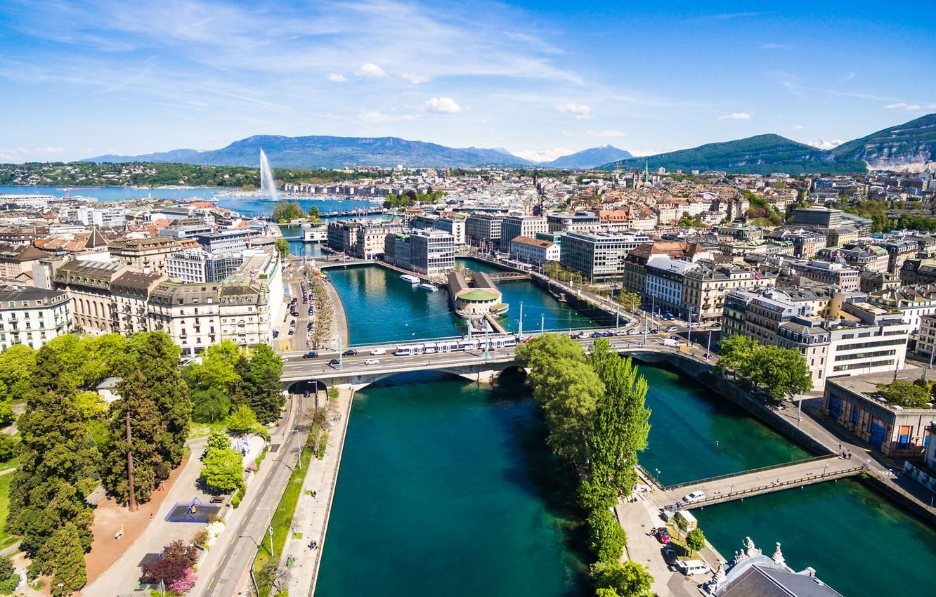 1332x850 Wallpaper lake, home, Switzerland, fountain, bridges, Geneva image for desktop, section город