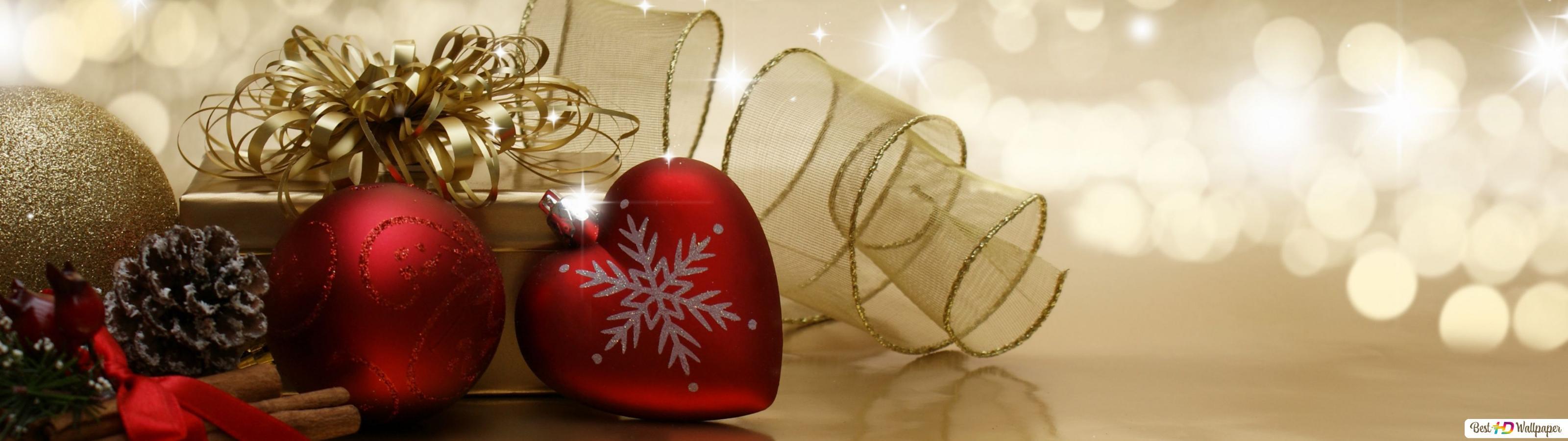 3200x900 Christmas Red and golden ornaments HD wallpaper download