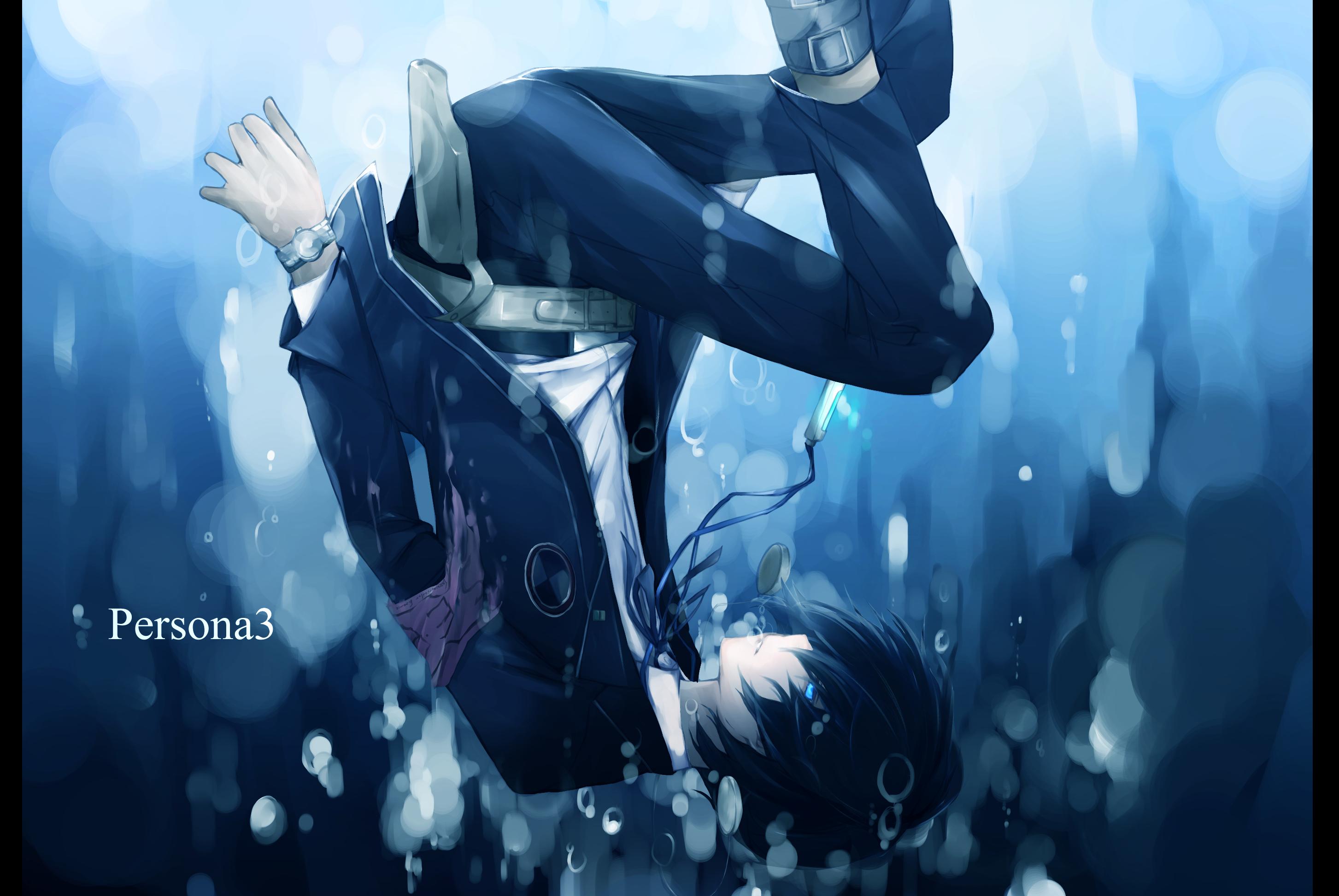 2906x1946 all male arisato minato black hair blue eyes bubbles male persona persona 3 school uniform short hair takka torn clothes underwater water. konachan.net.com Anime Wallpaper