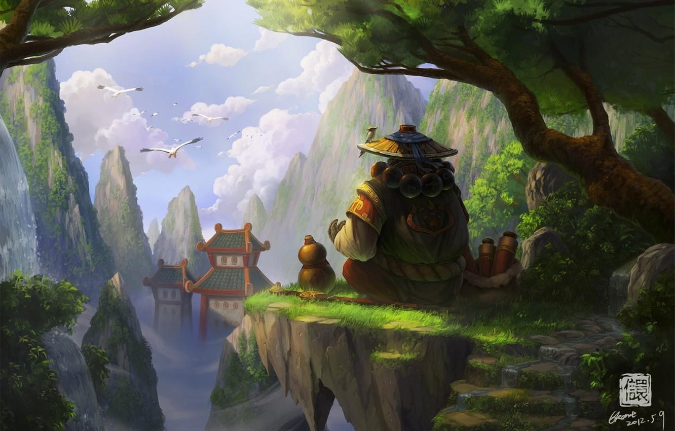 1332x850 Wallpaper trees, birds, rocks, Asia, height, hat, art, Panda, stage, temple, World of Warcraft, Mists of Pandaria image for desktop, section игры