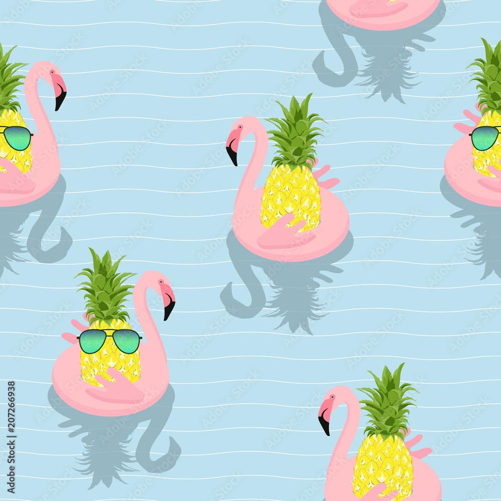1000x1000 Seamless pattern Inflatable Flamingo with Pineapple Float On Swimming Pool.printing wallpaper.vector illustration Stock Vector