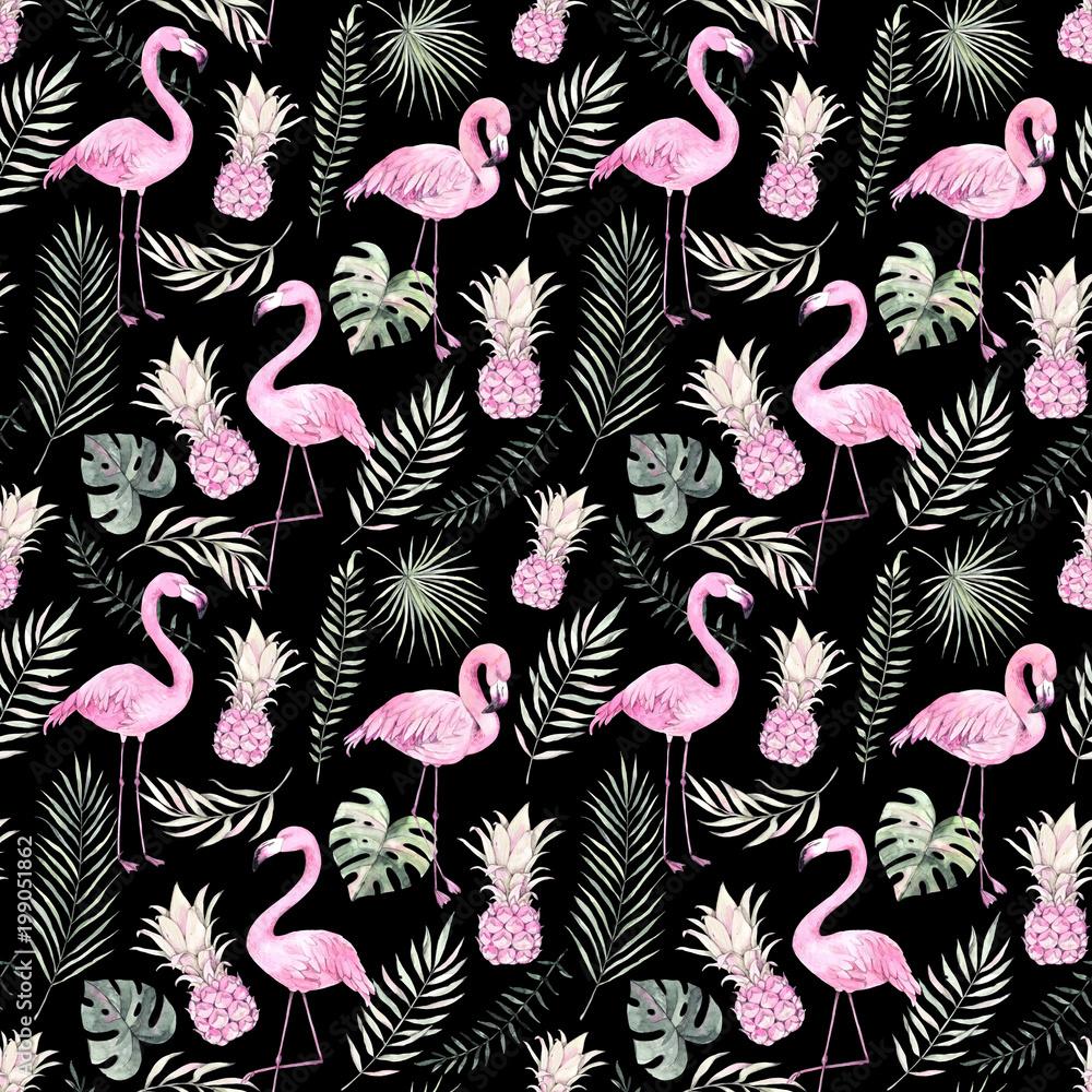 1000x1000 Hand drawn watercolor seamless pattern. Background with pink flamingo, pineapple and tropical leaves. Perfect for wrapping paper, fabric, linens, invitations, greeting cards, prints Stock Illustration