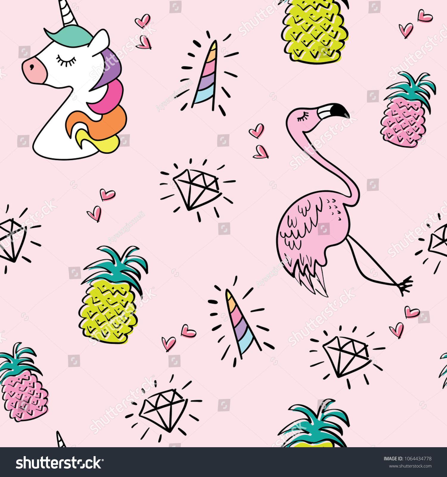 1500x1600 Unicorn flamingo pineapple drawings seamless endless repeating pattern texture on pink \u002F Vector illustration. Dibujo de piña, Dibujos de unicornios, Dibujos