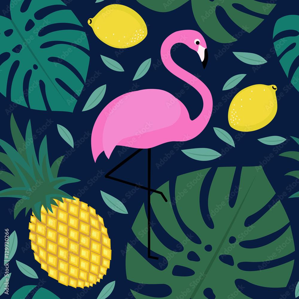1000x1000 Tropical palm leaves pattern with fruits and exotic bird on dark blue background.Fashion design for textile, wallpaper, fabric.Seamless background with flamingo, pineapple, lemon and monstera leaves. Stock Vector