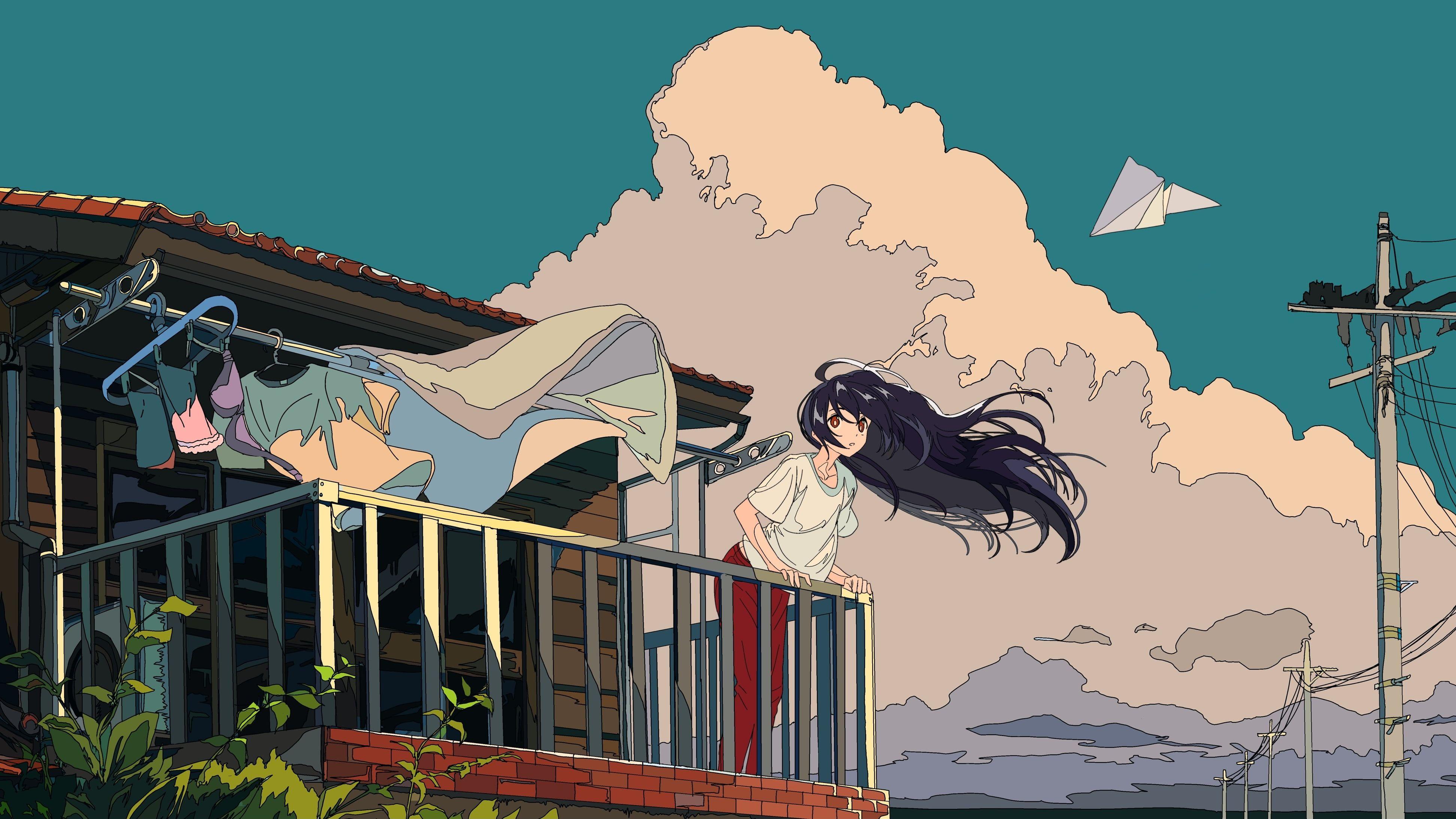 3888x2187 black haired girl anime character illustration #clouds #sky #cloth #buildin. Cute laptop wallpaper, Anime scenery wallpaper, Computer wallpaper desktop wallpaper