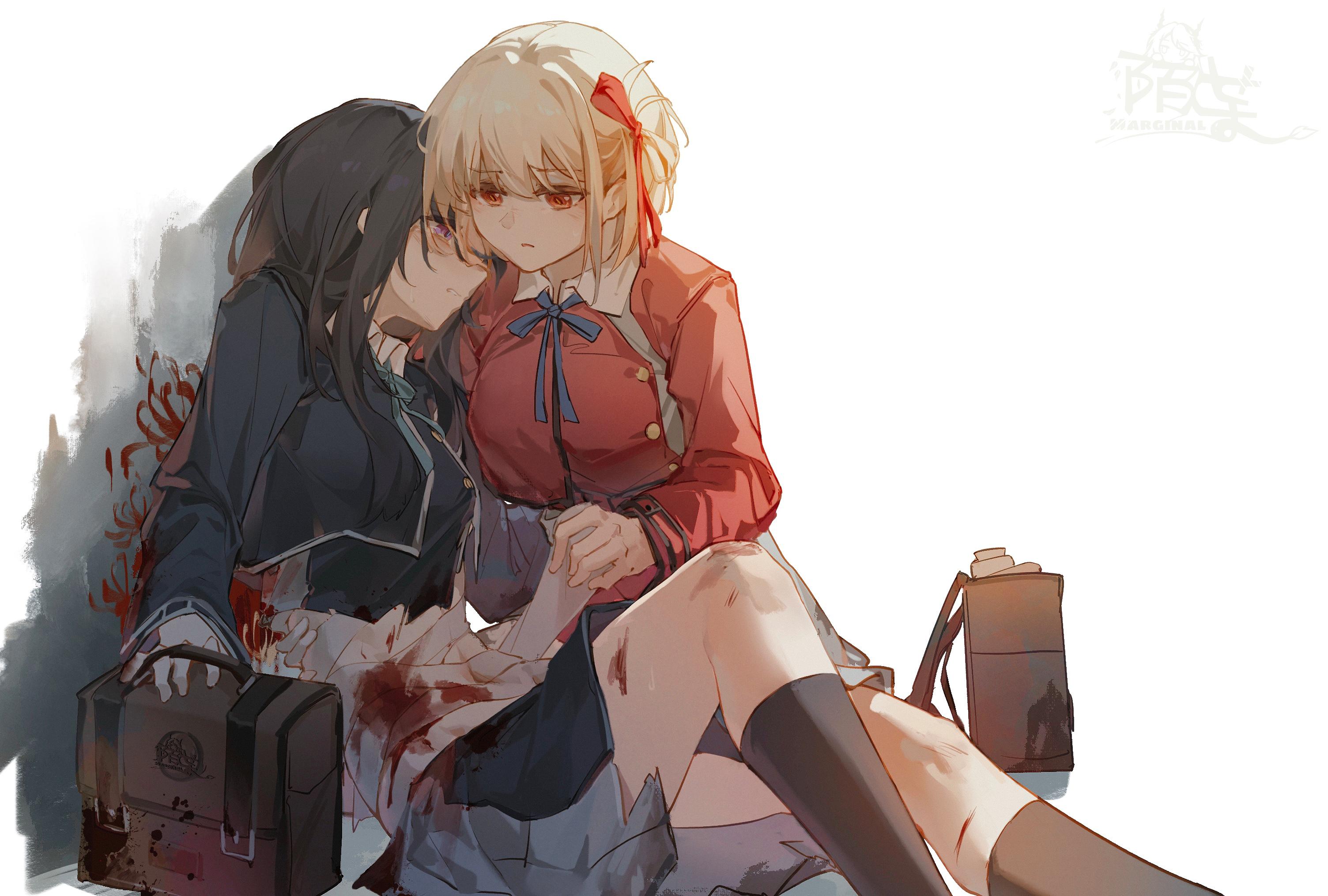 3008x2030 Moyu Marginal Lycoris Recoil Blonde Red Eyes Black Hair White Background Anime Girls Wallpaper:3008x2030