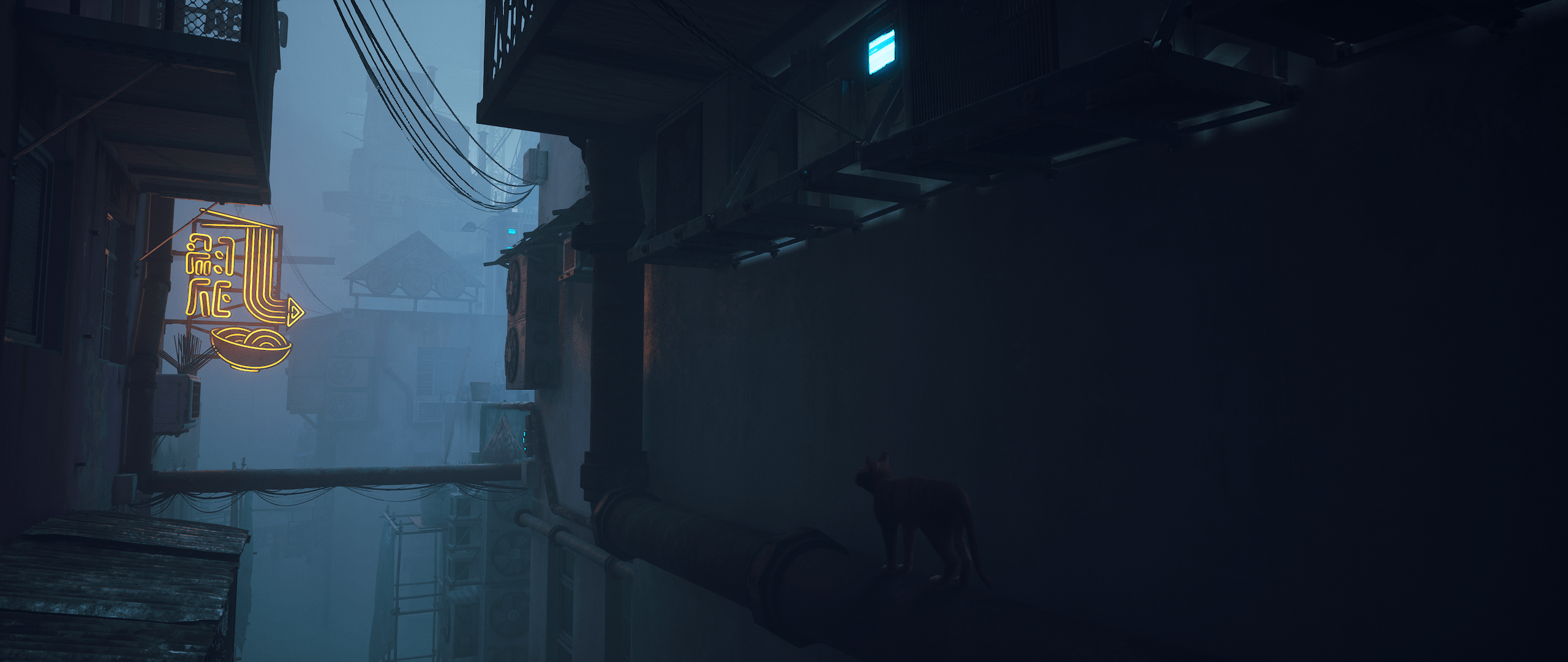 2560x1080 Stray Game CG Cat Feathered Guru Annapurna Video Games Wallpaper:2560x1080