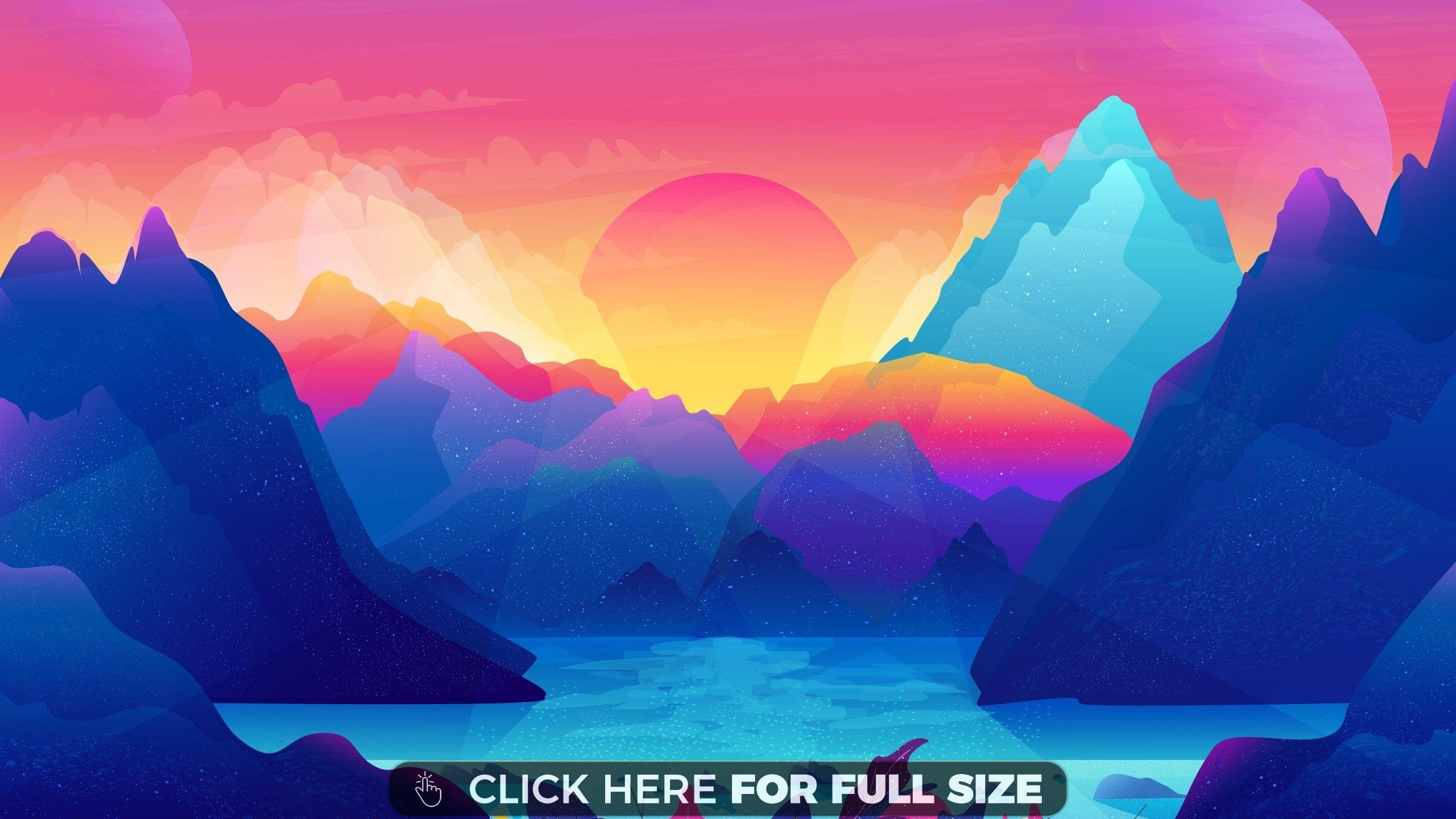 2560x1440 Mountains Sunset Digital Art HD wallpaper. Abstracto, Illustration, Ilustración de paisaje