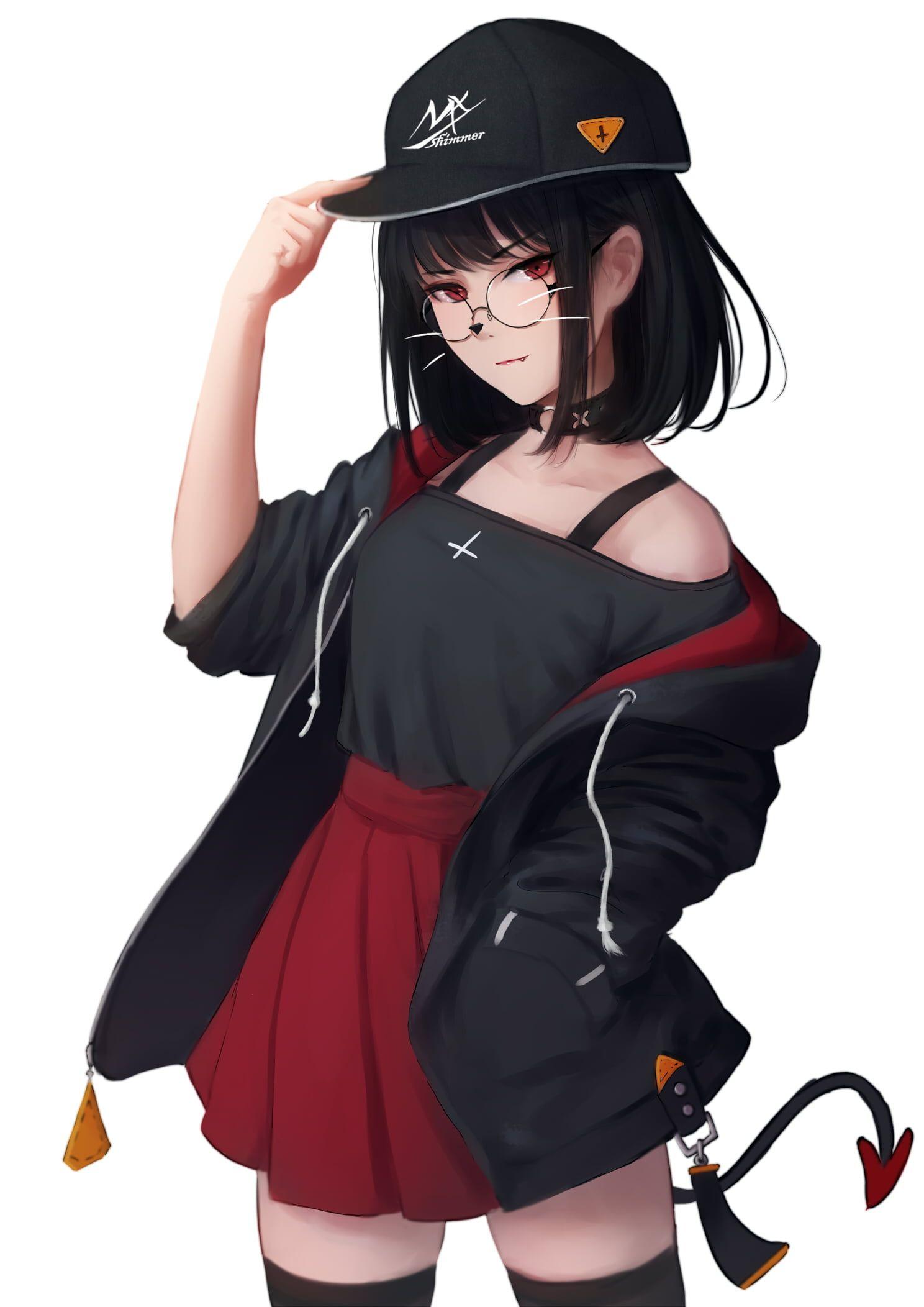 1488x2104 anime girls original characters black hair looking at viewer #fangs red eyes #smiling black tops #jac. Menina bonita anime, Menina anime, Menina de anime chorando