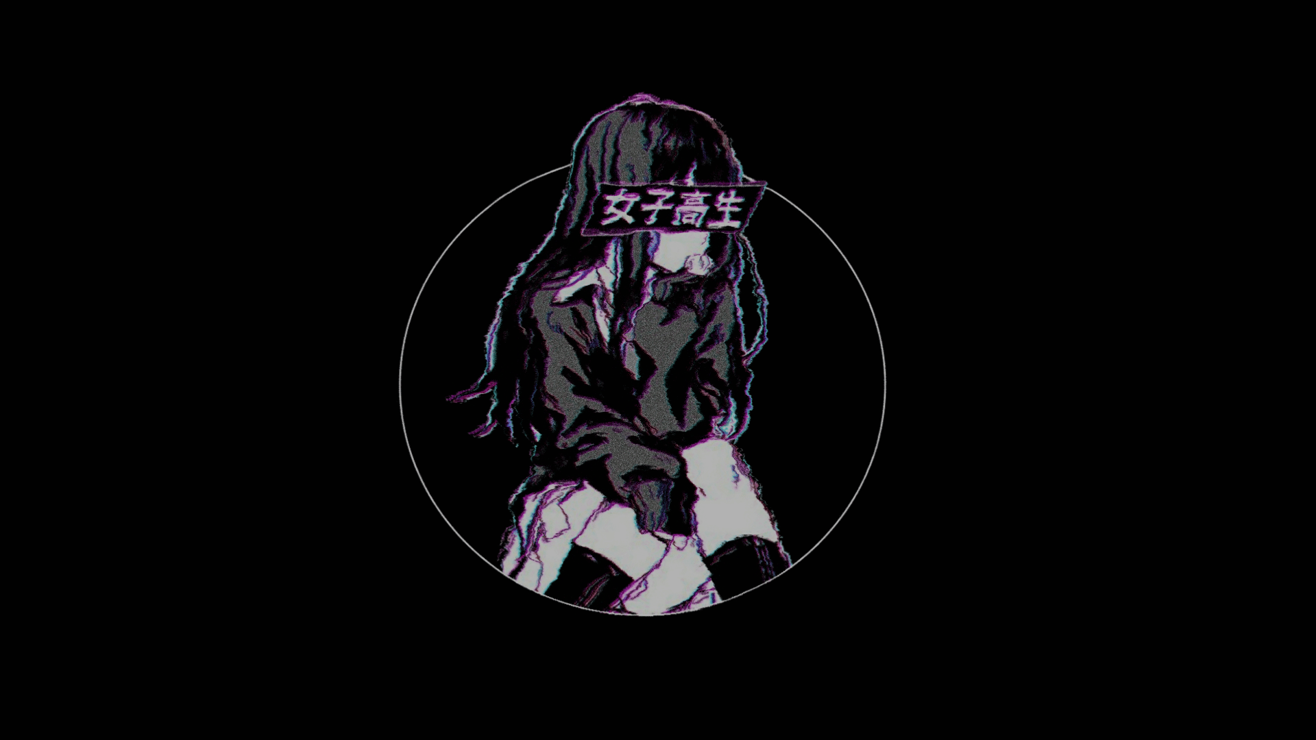 1920x1080 Wallpaper / black background, chromatic aberration, kanji, anime, circle, anime girls free download