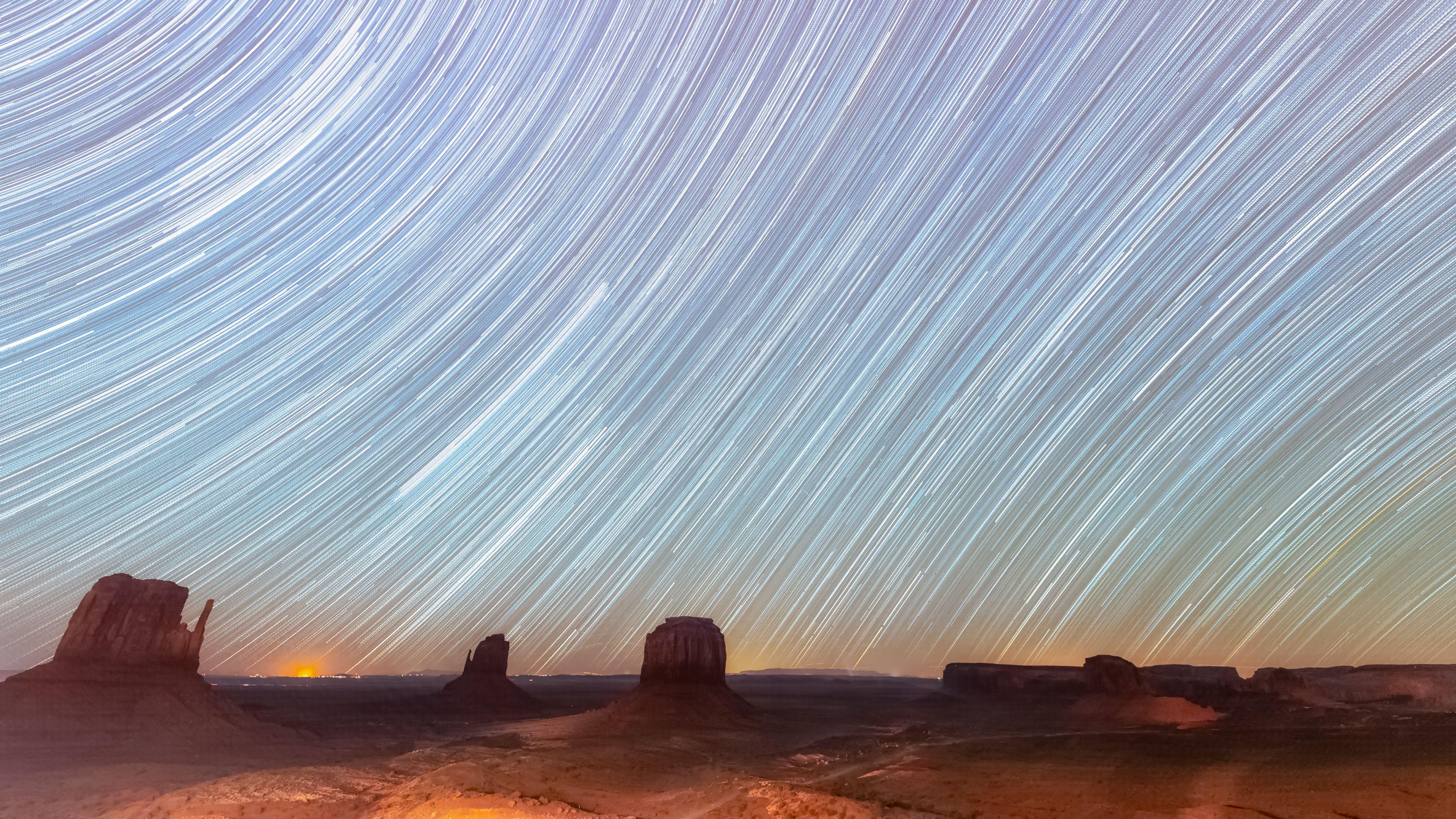 3840x2160 Wallpaper / desert, cliffs, starry sky, blur, long exposure, 4k free download