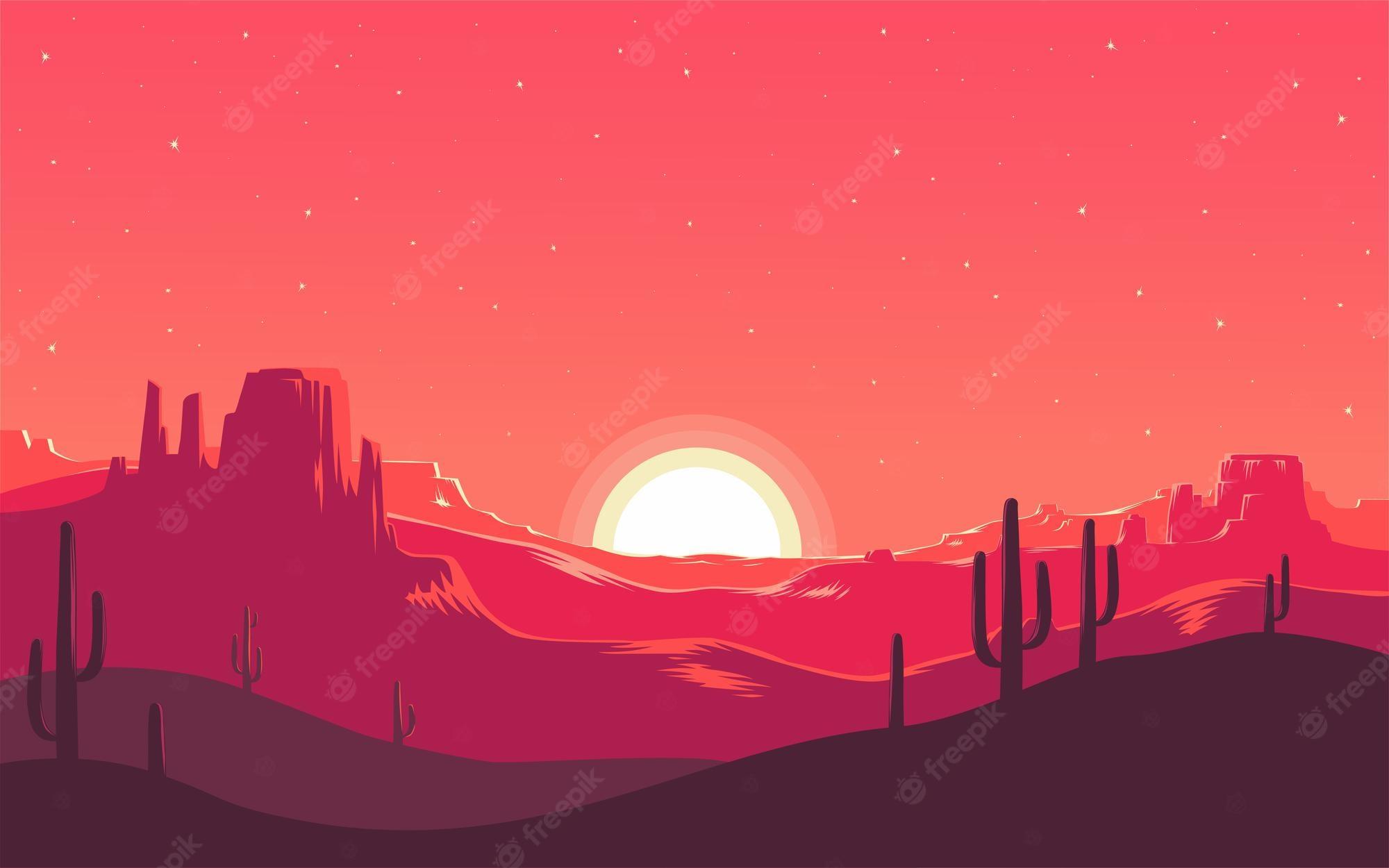 2000x1250 Premium Vector. Sunset in the wilderness. sunrise over the desert. starry sky over the sand