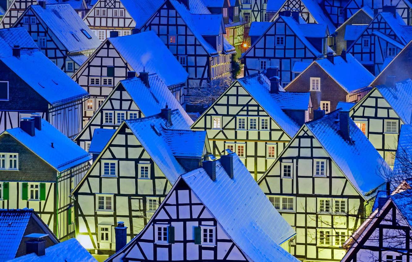 1332x850 Wallpaper Winter, Roof, Lights, Windows, Home, The Evening, Germany, North Rhine Westphalia, Freudenberg Image For Desktop, Section город