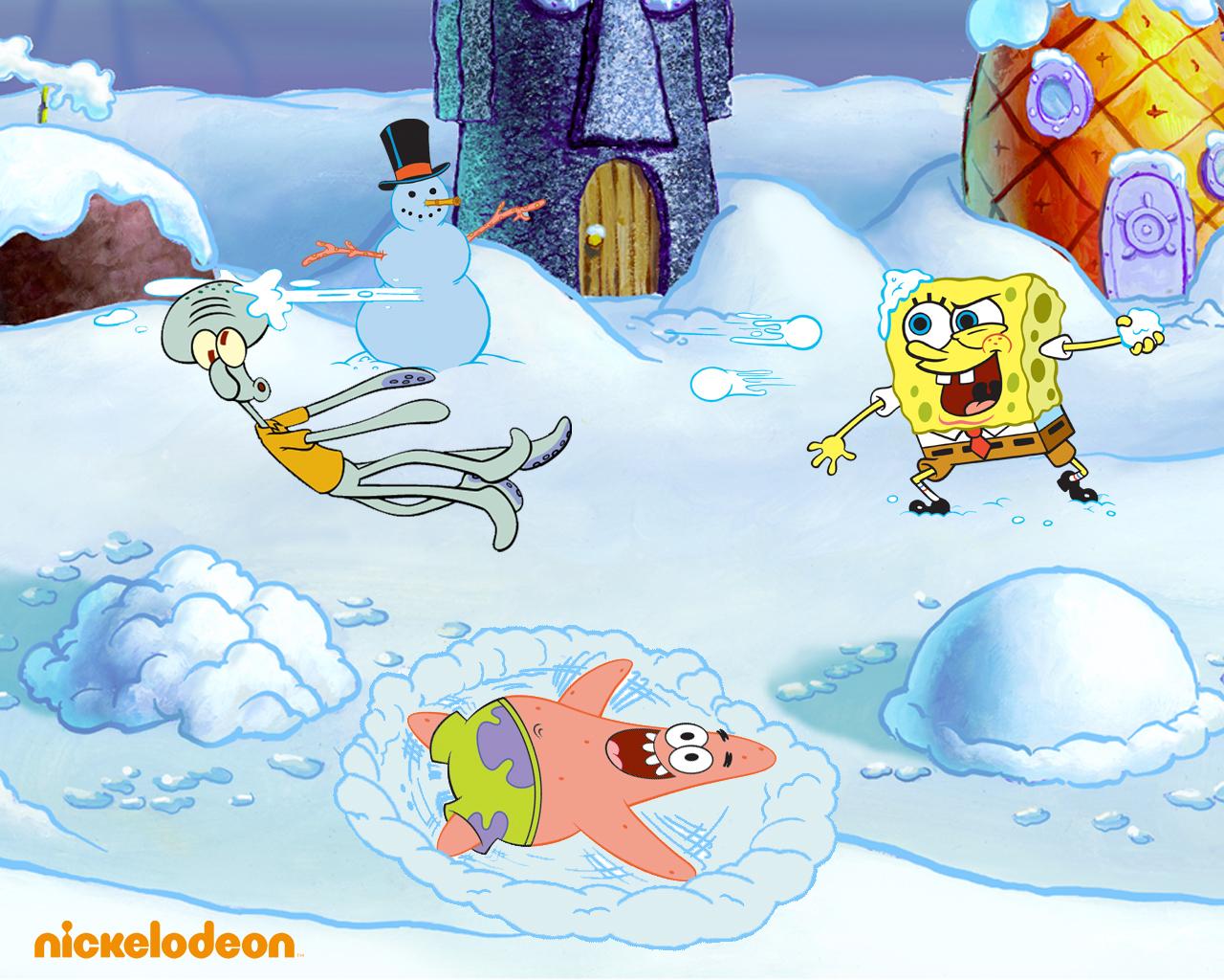 1280x1024 Snowball fight star (spongebob) Wallpaper