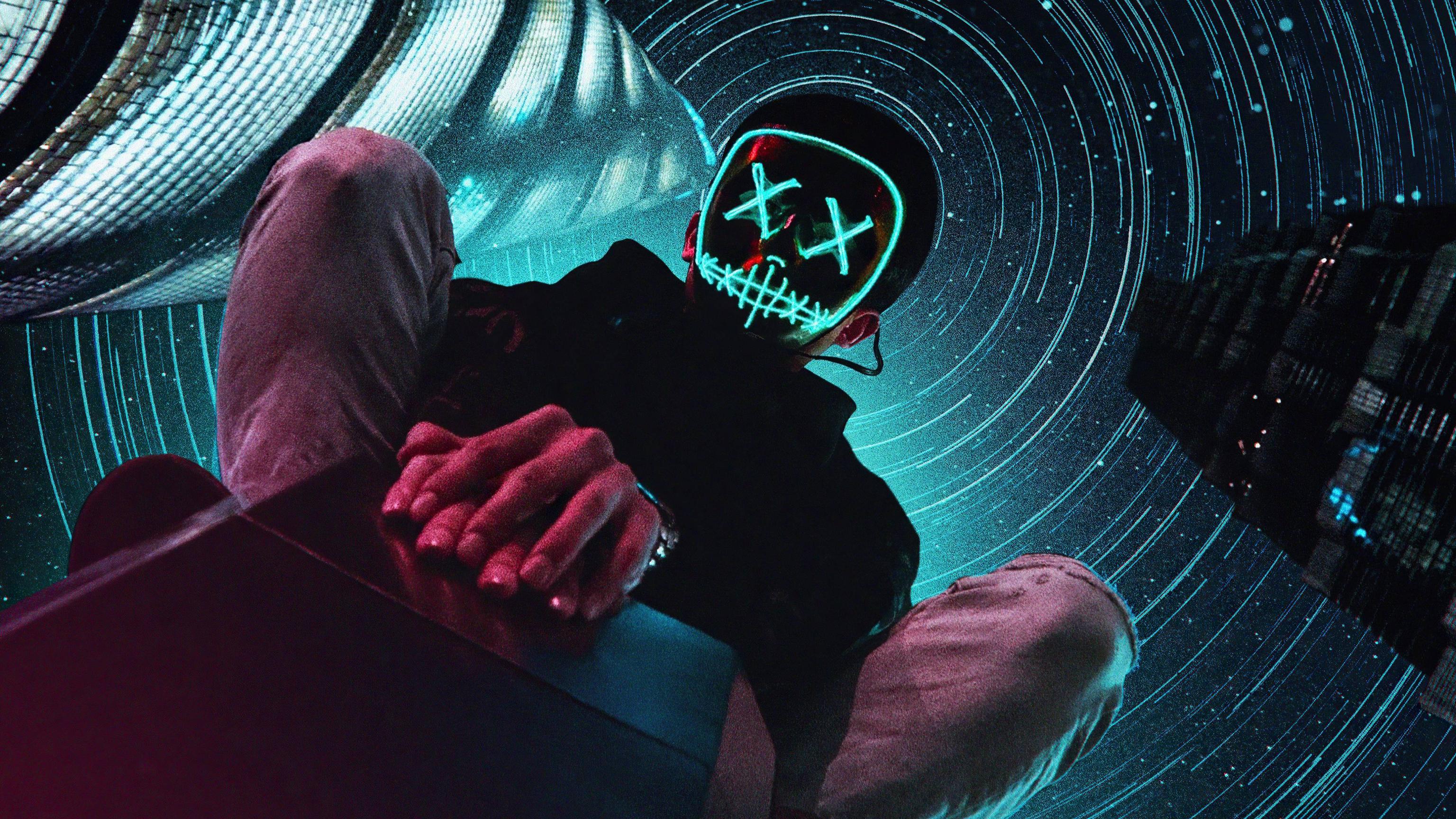 3072x1728 Neon Mask Boy Sitting Onk, HD Artist, 4k Wallpaper, Image, Background, Photo and Picture