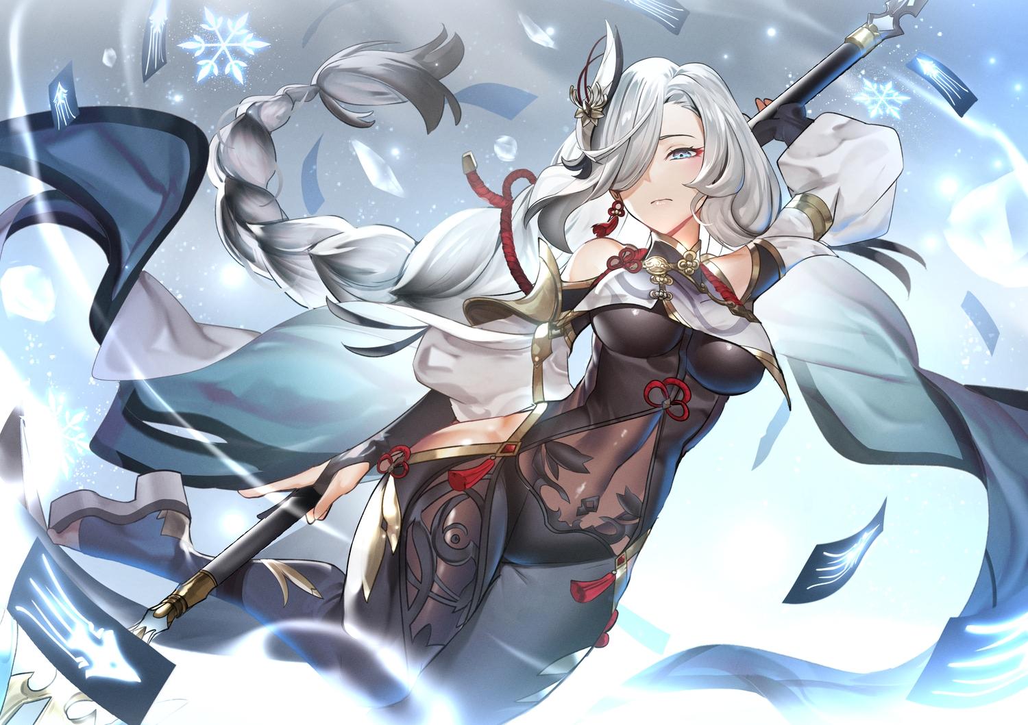 1500x1059 aqua eyes breasts dress genshin impact gloves long hair shenhe (genshin impact) sword teddy yang weapon white hair. konachan.com.com Anime Wallpaper