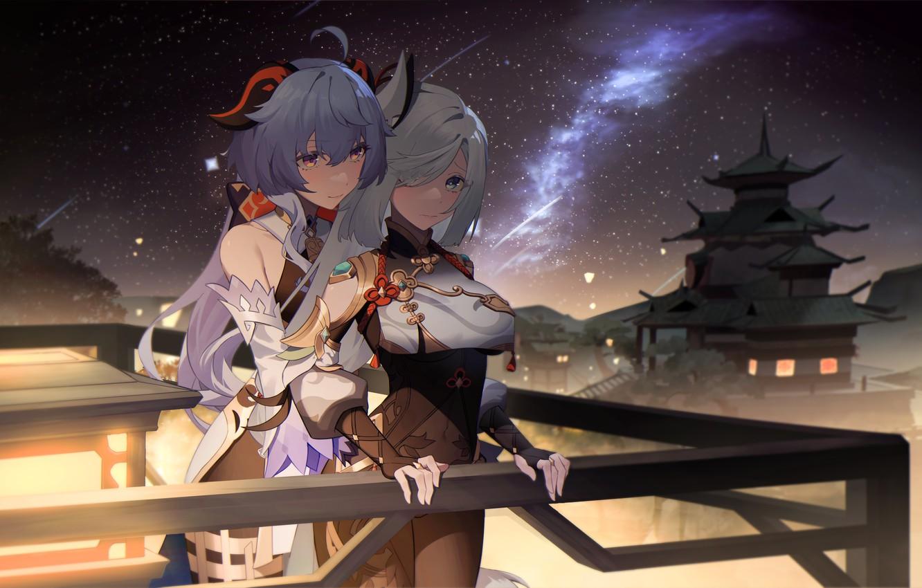 1332x850 Wallpaper night, girls, home, the milky way, Genshin Impact, Ganyu, Shenhe image for desktop, section игры
