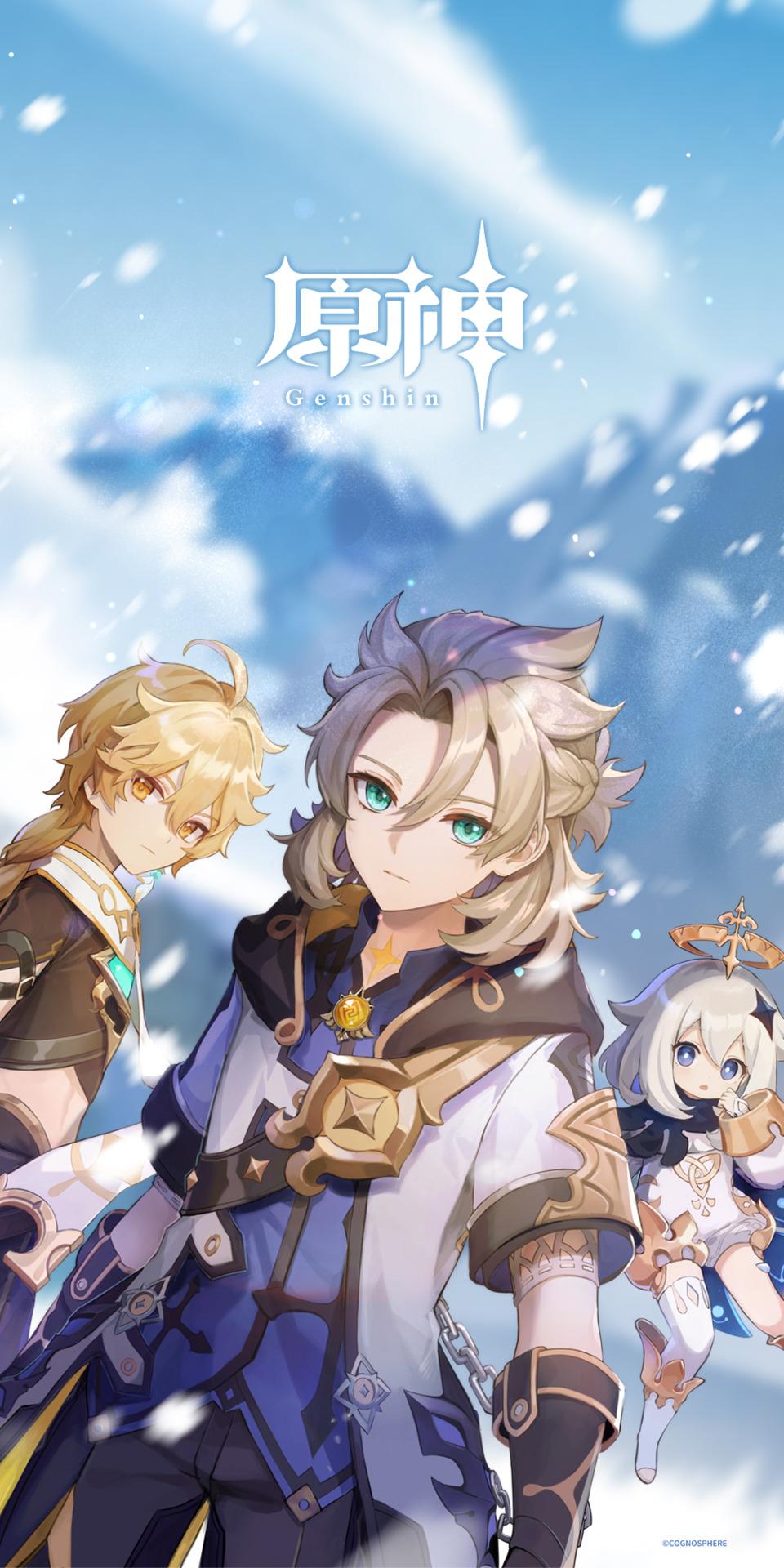 960x1920 Genshin Impact Wallpaper Feature Artwork of Shenhe, Itto, and Albedo