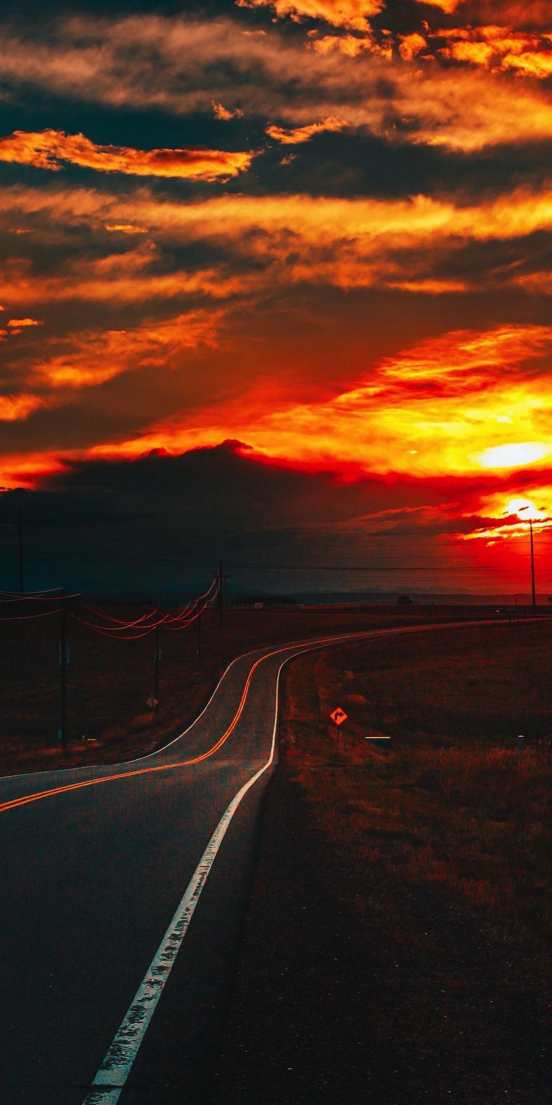 1080x2160 Fire Sunset at Road 4K One Plus 5T, Honor 7x, Honor view Lg Q6 Wallpaper, HD Nature 4K Wallpaper, Image, Photo and Background