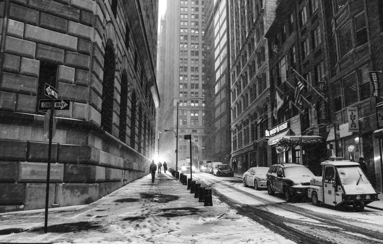 1332x850 Wallpaper USA, United States, Winter, New York, NYC, Snow, New York City, People, Black And White, Traffic, Architecture, Financial District, America, B W, United States Of America, Structures Image For Desktop, Section город