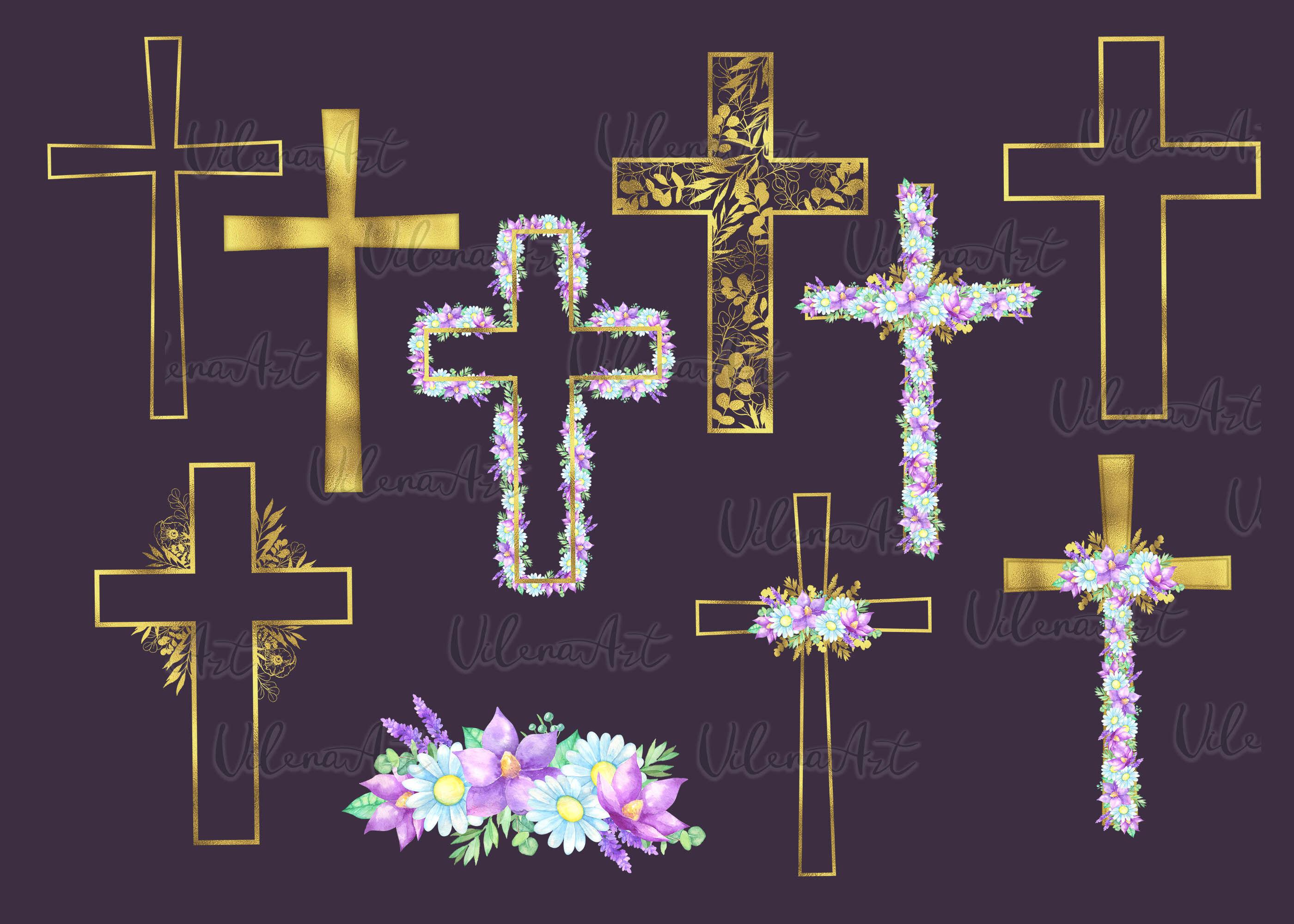 2800x2000 Watercolor Easter gold Cross Clipart Floral crosses digital card By VilenaArt