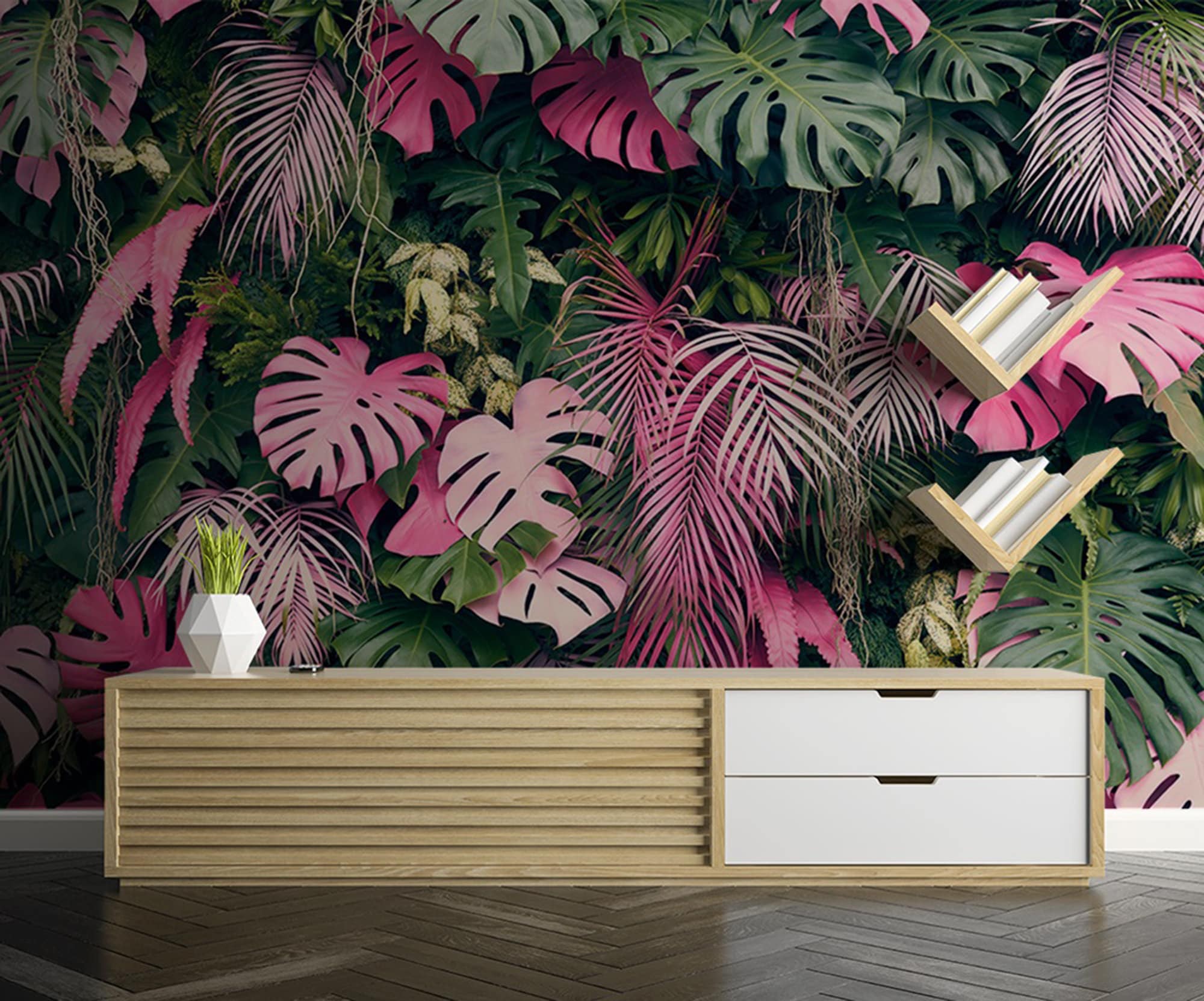 2000x1663 Pink Green Forest Plant Wallpaper Jungle Colorful Removable