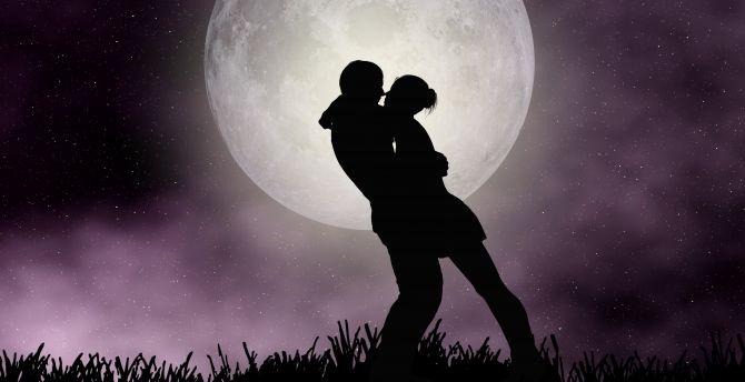 670x344 Moon, romantic night, couple, silhouette, art wallpaper, HD image, picture, background, e2d7bb