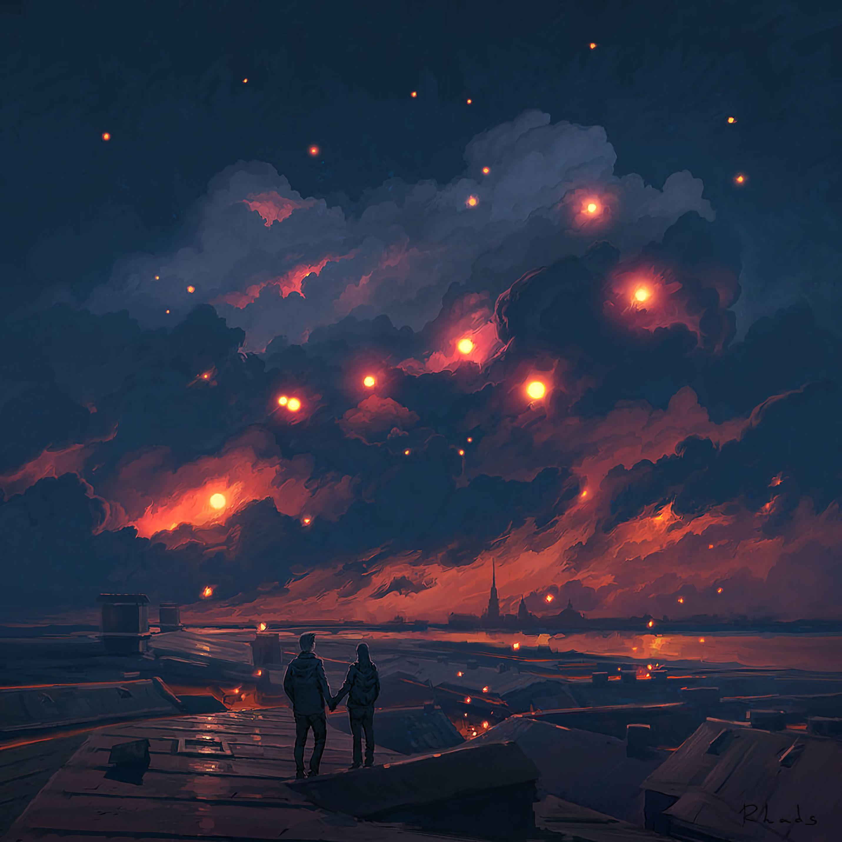 2862x2862 Mobile wallpaper: Pair, Clouds, Couple, Art, Love, Night, Romance, 99799 download the picture for free