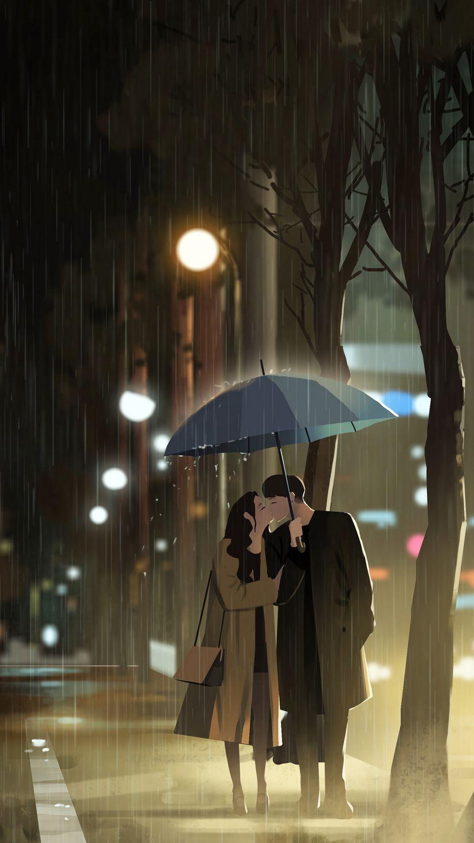 938x1668 Download Wallpaper 938x1668 Love, Kiss, Rain, Art Iphone 8 7 6s 6 For Parallax HD Background