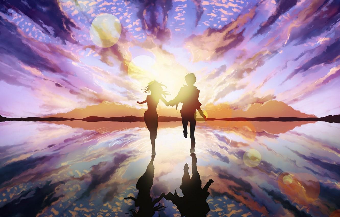 1332x850 Wallpaper girl, the sun, love, art, pair, love, guy, the ripples on the water, two, art, couple, run, holding hands image for desktop, section ситуации