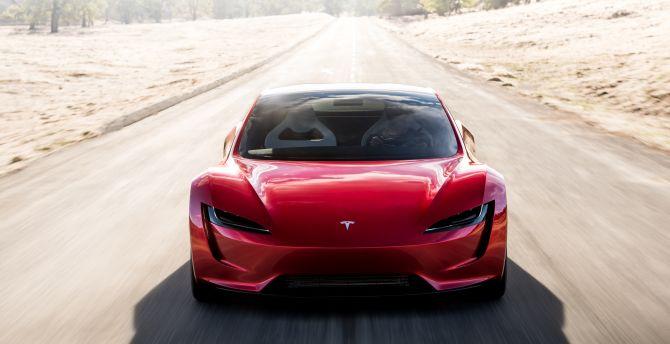 670x344 Tesla roadster red car wallpaper, HD image, picture, background, 489a7e