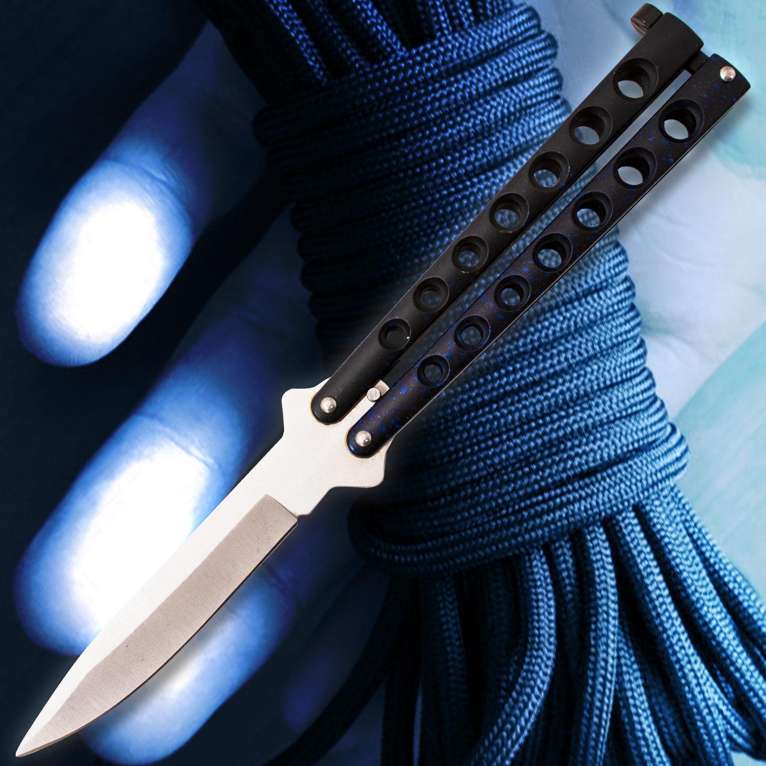 1500x1500 Blue Speed Demon Butterfly Knife Steel Blade, Skeletonized Steel Handle