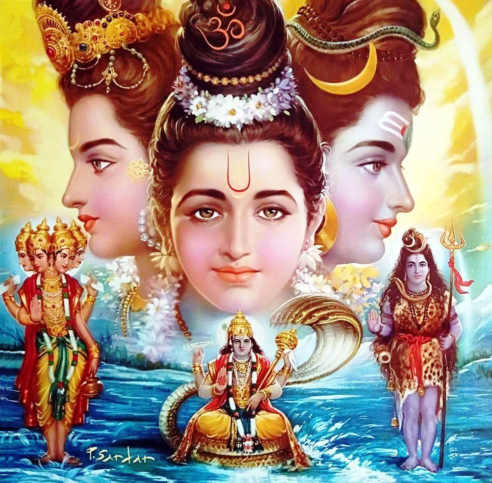 965x947 Sri Trimurti Vishnu Mahesh Artist: P. Sardar (via Facebook: P.Sardar Studio). Hindu deities, Durga goddess, Lord ganesha paintings