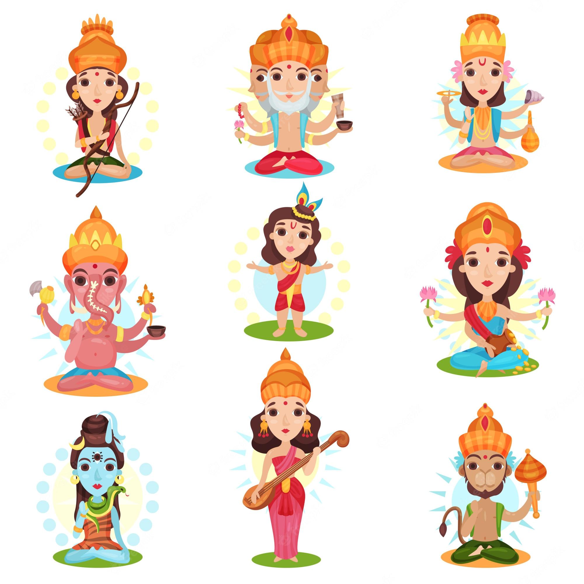 2000x2000 Premium Vector. Indian god and goddess set, rama, brahma, kali, ganesha, lakshmi, shiva, saraswati, hanuman illustrations on a white background