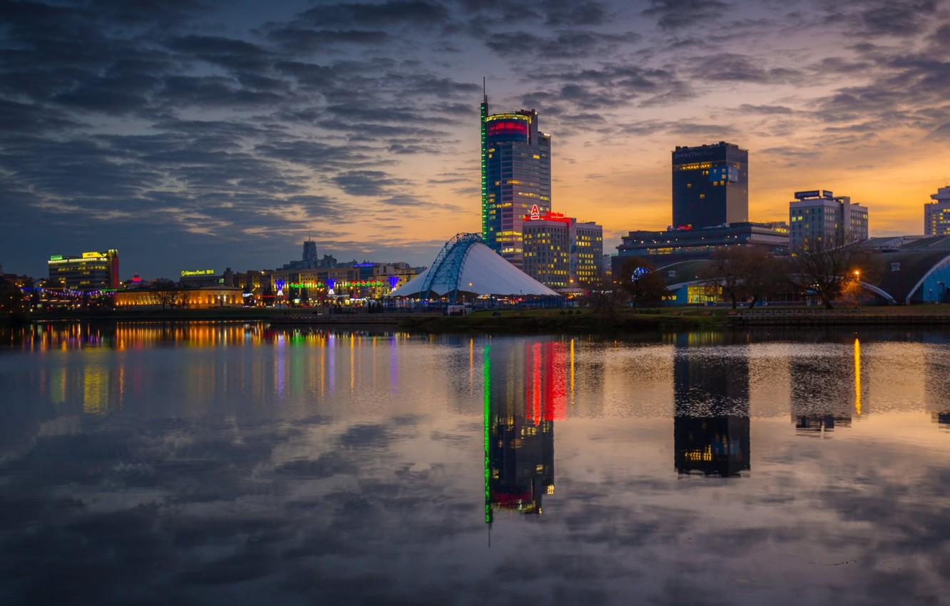 1332x850 Wallpaper the sky, sunset, reflection, river, backlight, Belarus, Minsk, Belarus, timelapse, Minsk, Svisloch, Nemiga, 22zweizwei, Pobediteley Avenue image for desktop, section город