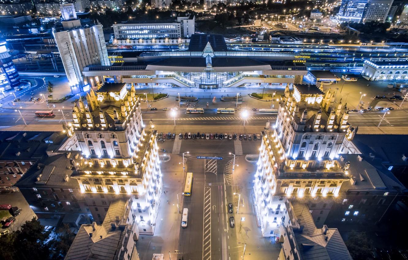 1332x850 Wallpaper night, the city, height, backlight, Station, Belarus, Minsk, Belarus, Minsk, Gates Of Minsk image for desktop, section город
