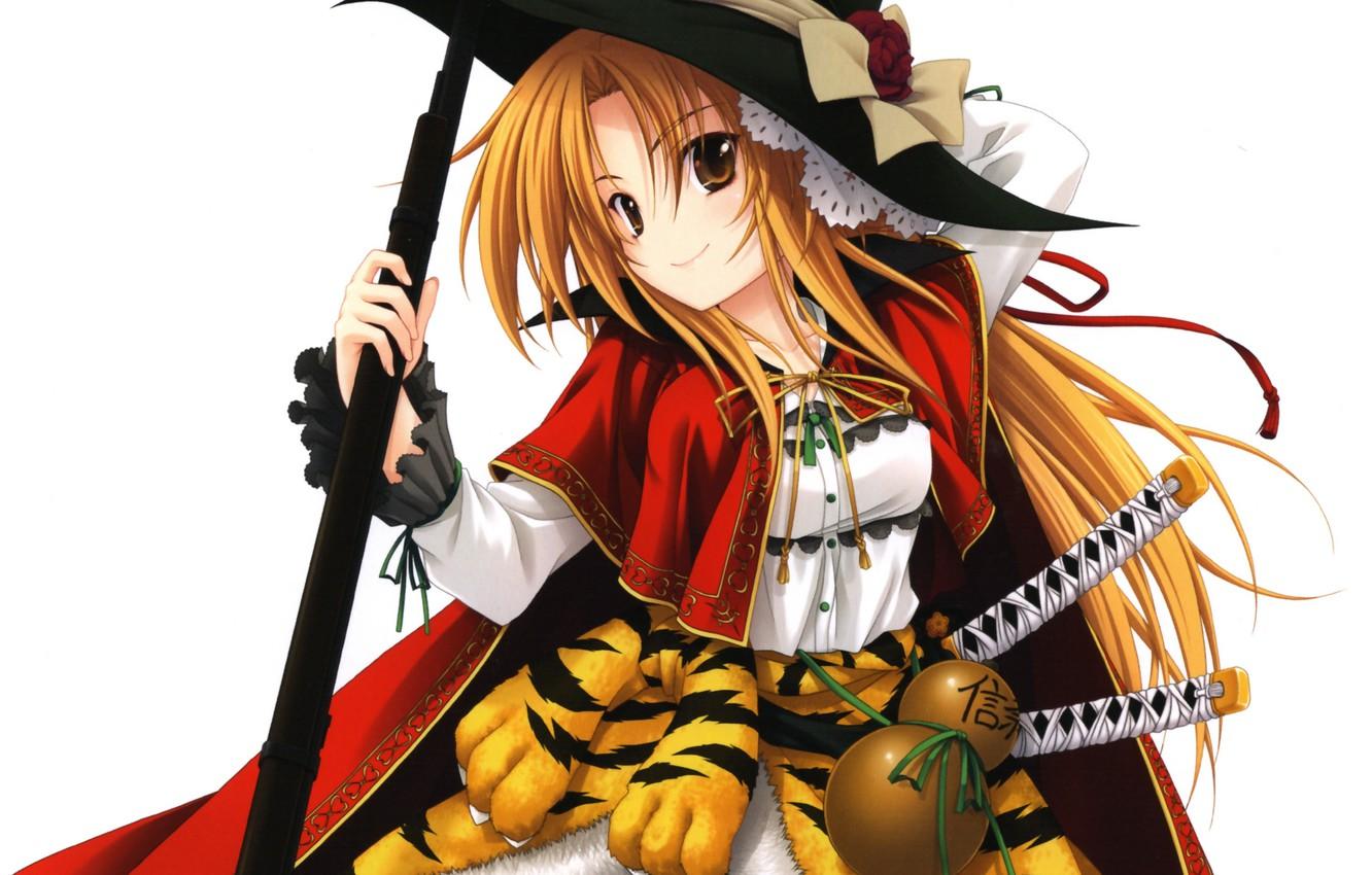 1332x850 Wallpaper girl, gun, weapon, hat, tiger, anime, samurai, rifle, japanese, bishojo, Oda Nobunaga, tora, The Ambition of Oda Nobuna, Room No Yabou Nob image for desktop, section сёнэн