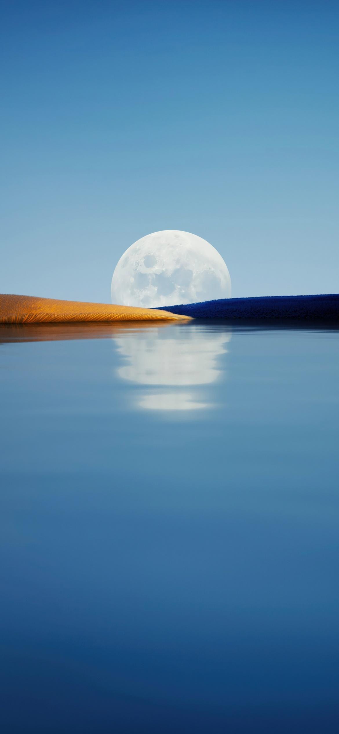 1170x2532 Huawei P50 Pocket Wallpaper 4K, Morning sky, Moon, Body of Water, Reflection, Nature