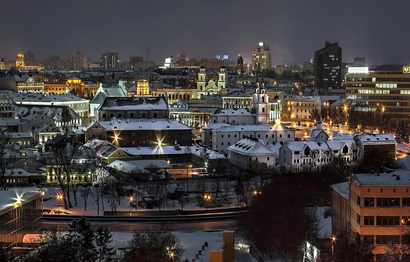 1332x850 Wallpaper winter, night, lights, river, old town, Belarus, Minsk, Belarus, Nemiga, Minsk, Svisloch, Sergey Nik Melnik image for desktop, section город