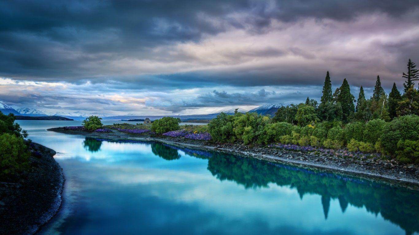 1366x768 Evening On The Blue Lake Tekapo Desktop Wallpaper HD Widescreen Free