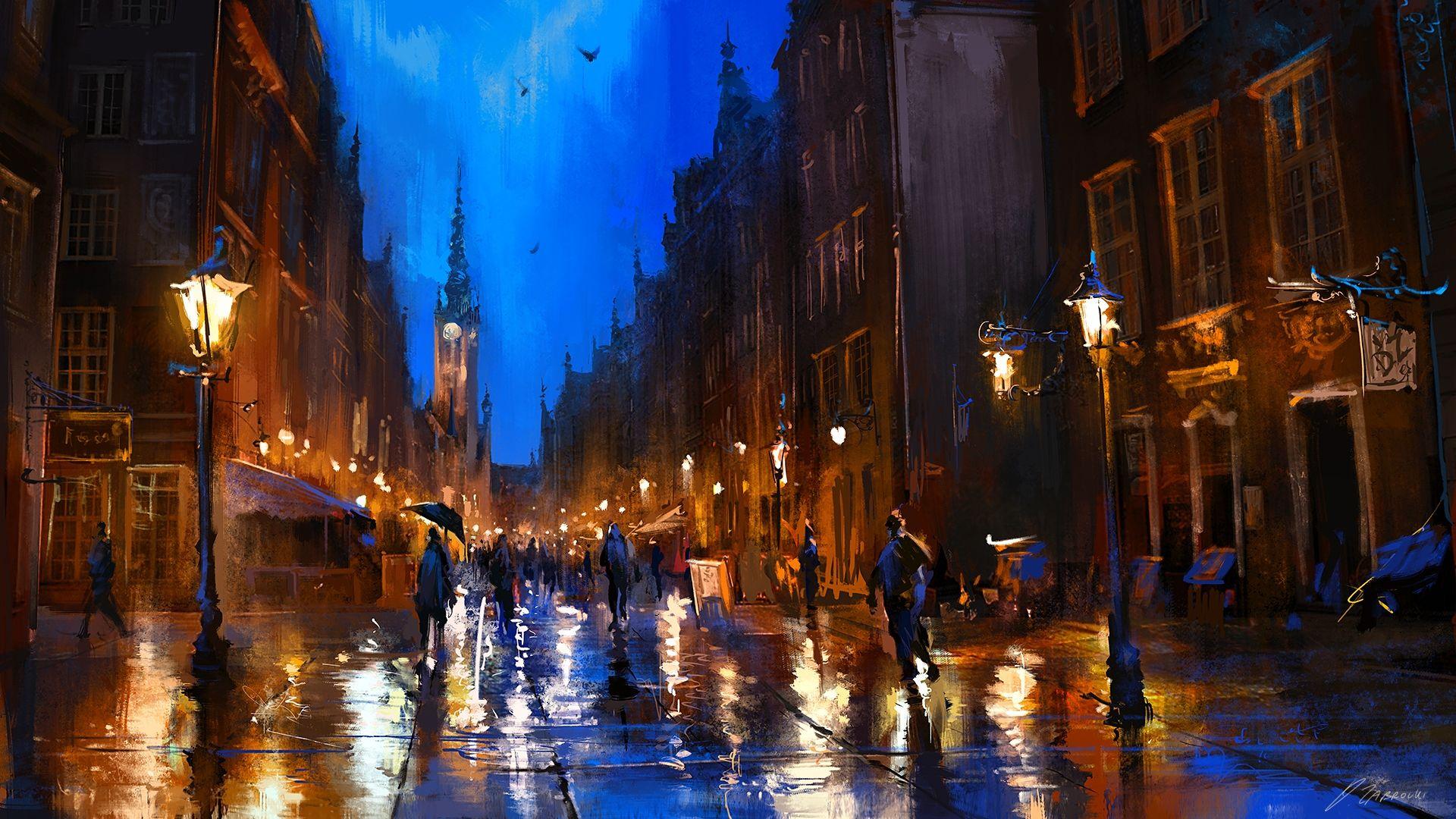 1920x1080 night, #Poland, #Gdańsk, #Ozabrout, #orange, #blue, #Darek Zabrocki